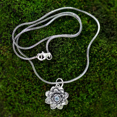 Blue topaz flower necklace, 'Sacred Blue Lotus' - Blue Topaz and Sterling Silver Pendant Necklace