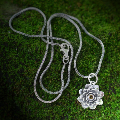 Citrine flower necklace, 'Sacred Golden Lotus' - Citrine and Silver Flower Necklace