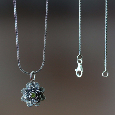 Peridot flower necklace, 'Sacred Green Lotus' - Floral Sterling Silver and Peridot Pendant Necklace