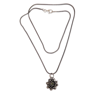 Peridot flower necklace, 'Sacred Green Lotus' - Floral Sterling Silver and Peridot Pendant Necklace