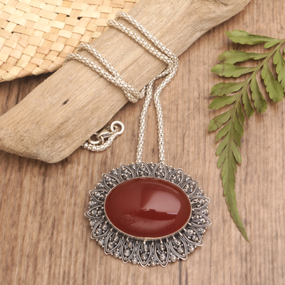 Carnelian brooch pin-pendant floral necklace, 'Fiery Flower' - Carnelian brooch pin-pendant floral necklace