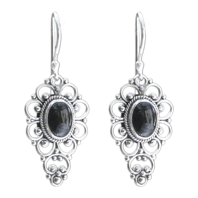 Onyx dangle earrings, 'Precious Night' - Floral Onyx Sterling Silver Dangle Earrings