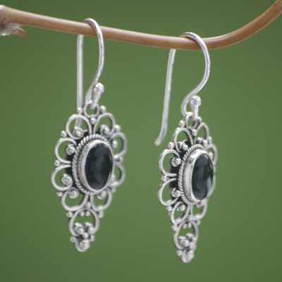 Onyx dangle earrings, 'Precious Night' - Floral Onyx Sterling Silver Dangle Earrings