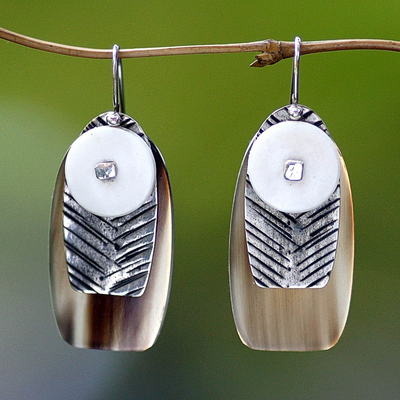 Sterling silver and cow horn dangle earrings, 'Seagull' - Sterling silver and cow horn dangle earrings