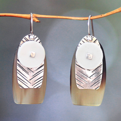 Sterling silver and cow horn dangle earrings, 'Seagull' - Sterling silver and cow horn dangle earrings