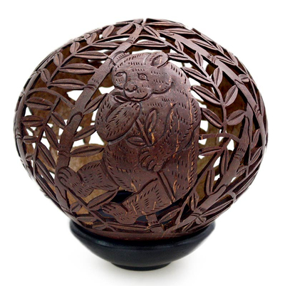 Coconut shell sculpture, 'Bamboo Panda' - Coconut Shell Sculpture with Stand