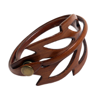 Leather wrap bracelet, 'Lucky Leaf' - Brown Leather Wristband Bracelet