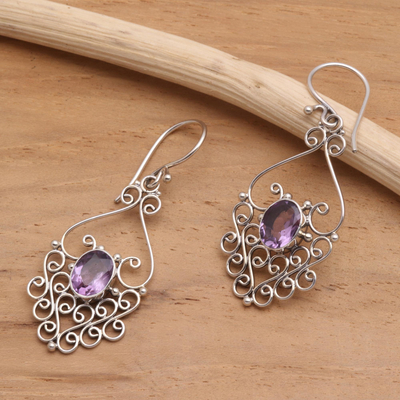 Amethyst filigree earrings, 'Bali Dynasty' - Hand Crafted Sterling Silver and Amethyst Earrings