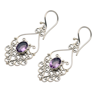 Amethyst filigree earrings, 'Bali Dynasty' - Hand Crafted Sterling Silver and Amethyst Earrings