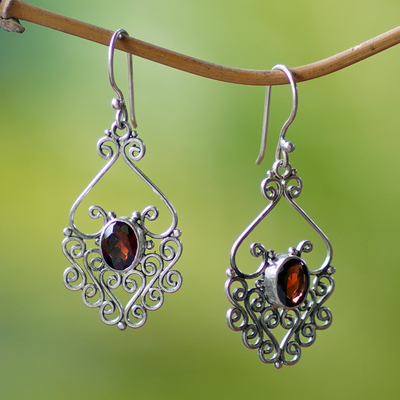 Garnet filigree earrings, 'Bali Dynasty' - Sterling Silver and Garnet Dangle Earrings