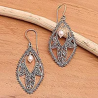 Pearl filigree earrings, 'White Dogwood'