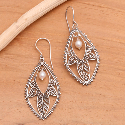 Pearl filigree earrings, 'White Dogwood' - Pearl filigree earrings