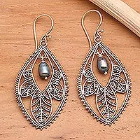 Pearl filigree earrings, 'Black Dogwood'