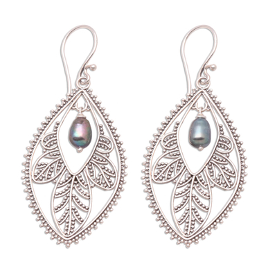 Pearl filigree earrings, 'Black Dogwood' - Sterling Silver and Pearl Dangle Earrings