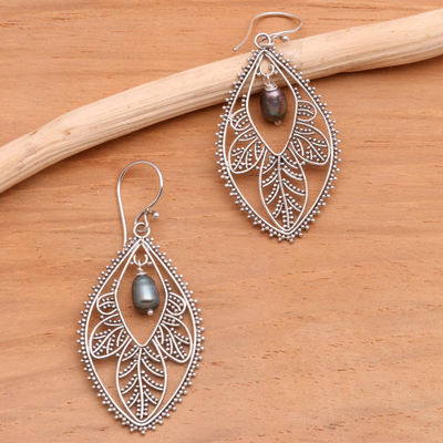 Pearl filigree earrings, 'Black Dogwood' - Sterling Silver and Pearl Dangle Earrings
