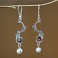 Pearl and garnet dangle earrings, 'Graceful' - Pearl and garnet dangle earrings