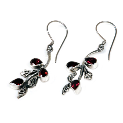 Garnet floral earrings, 'Bali Belle' - Hand Made Garnet and Sterling Silver Dangle Earrings