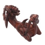 Wood statuette, 'Flute Player' - Hand Carved Cultural Sculpture