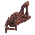 Wood statuette, 'Flute Player' - Hand Carved Cultural Sculpture