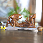 Wood statuette, 'Flute Player' - Hand Carved Cultural Sculpture