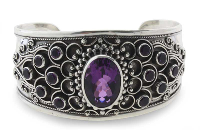 Amethyst cuff bracelet, 'Regal Peacock' - Amethyst Sterling Silver Cuff Bracelet