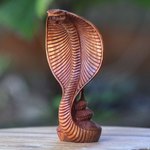 Wood statuette, 'Cobra' - Hand Carved Wood Snake Sculpture