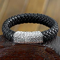 Men's sterling silver and leather braided bracelet, 'Emperor' - Men's Braided Leather and Silver Wristband Bracelet