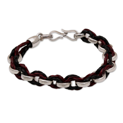 Men's sterling silver and leather bracelet, 'One Path' - Men's Leather and Silver Braided Bracelet