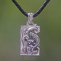 Sterling silver and leather pendant necklace, 'Lucky Dragon Fish' - Indonesian Silver and Leather Necklace