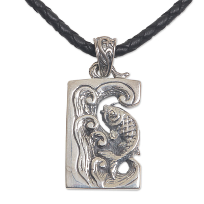Sterling silver and leather pendant necklace, 'Lucky Dragon Fish' - Sterling Silver and Leather Pendant Necklace