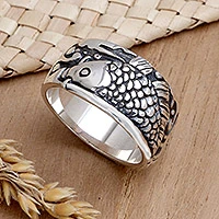 Mens sterling silver ring, Dragon Fish