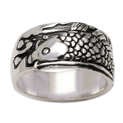 Men's sterling silver ring, 'Dragon Fish' - Men's Indonesian Sterling Silver Band Ring