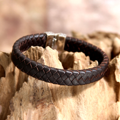 Men's sterling silver and leather bracelet, 'Masculine' - Men's Unique Braided Leather Bracelet