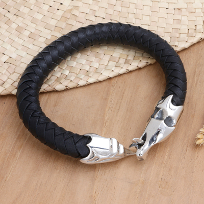 Men's sterling silver and leather bracelet, 'Dragon' - Men's Dragon Sterling Silver and Leather Bracelet