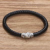 Men's sterling silver and leather braided bracelet, 'Superb Union' - Men's Leather Braided Bracelet with Sterling Silver