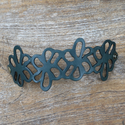 Leather cuff bracelet, 'Dark Teal Petals' - Floral Leather Wristband Bracelet