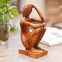 Escultura de madera, 'Pensador' - Retrato abstracto de escultura de madera