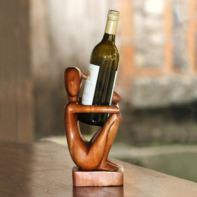 Wood wine bottle holder, 'Thinker' - Wood wine bottle holder
