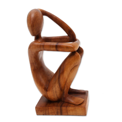 Wood sculpture, 'Thinker' - Abstract Wood Sculpture Portrait