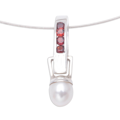 Cultured pearl and garnet choker, 'Passion for Peace' - Handmade Garnet and Cultured Pearl Silver Necklace