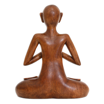 Wood sculpture, 'Meditating' - Suar Wood Meditation Sculpture