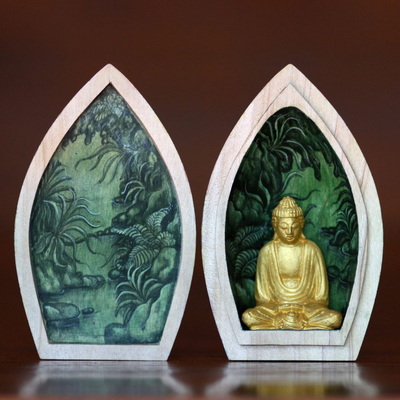 Wood statuette, 'Lotus Buddha' - Unique Wood Sculpture