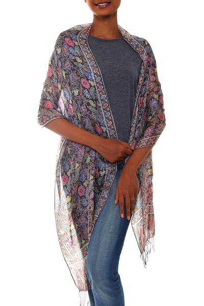 Silk batik shawl, 'Floral Garden' - Silk Batik Shawl Handmade in Indonesia