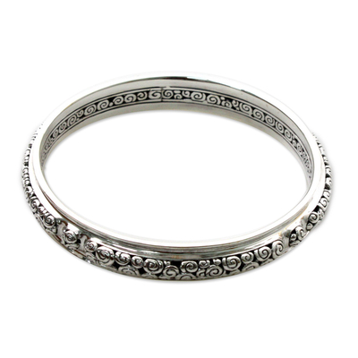 Sterling silver bangle bracelet, 'Circle of Life' (7.75 inch) - Unique Sterling Silver Bangle Bracelet (7.75 Inch)