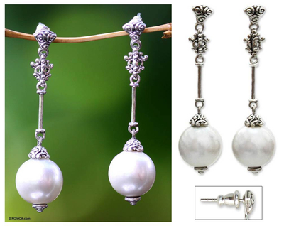 Pearl dangle earrings, 'Luxurious' - Handmade Pearl and Sterling Silver Dangle Earrings