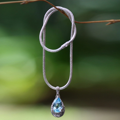 Blue topaz pendant necklace, 'Azure Teardrop' - Artisan Jewellery Sterling Silver and Blue Topaz Necklace