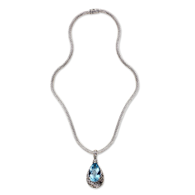 Blue topaz pendant necklace, 'Azure Teardrop' - Artisan Jewelry Sterling Silver and Blue Topaz Necklace