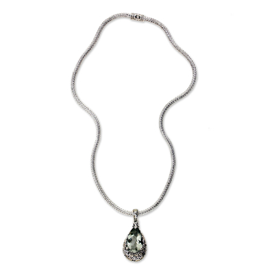 Prasiolite pendant necklace, 'Lime Teardrop' - Fair Trade Sterling Silver and Prasiolite Pendant Necklace
