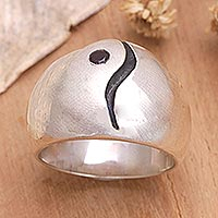 Garnet band ring, 'Yin and Yang' - Garnet White Silver Ring