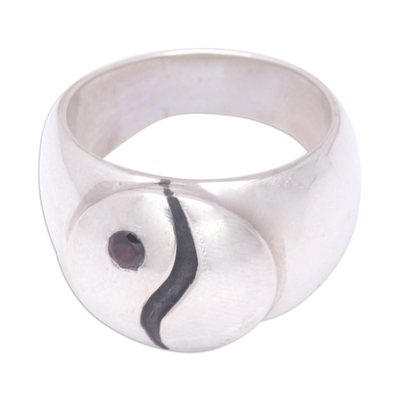 Garnet band ring, 'Yin and Yang' - Sterling Silver and Garnet Ring